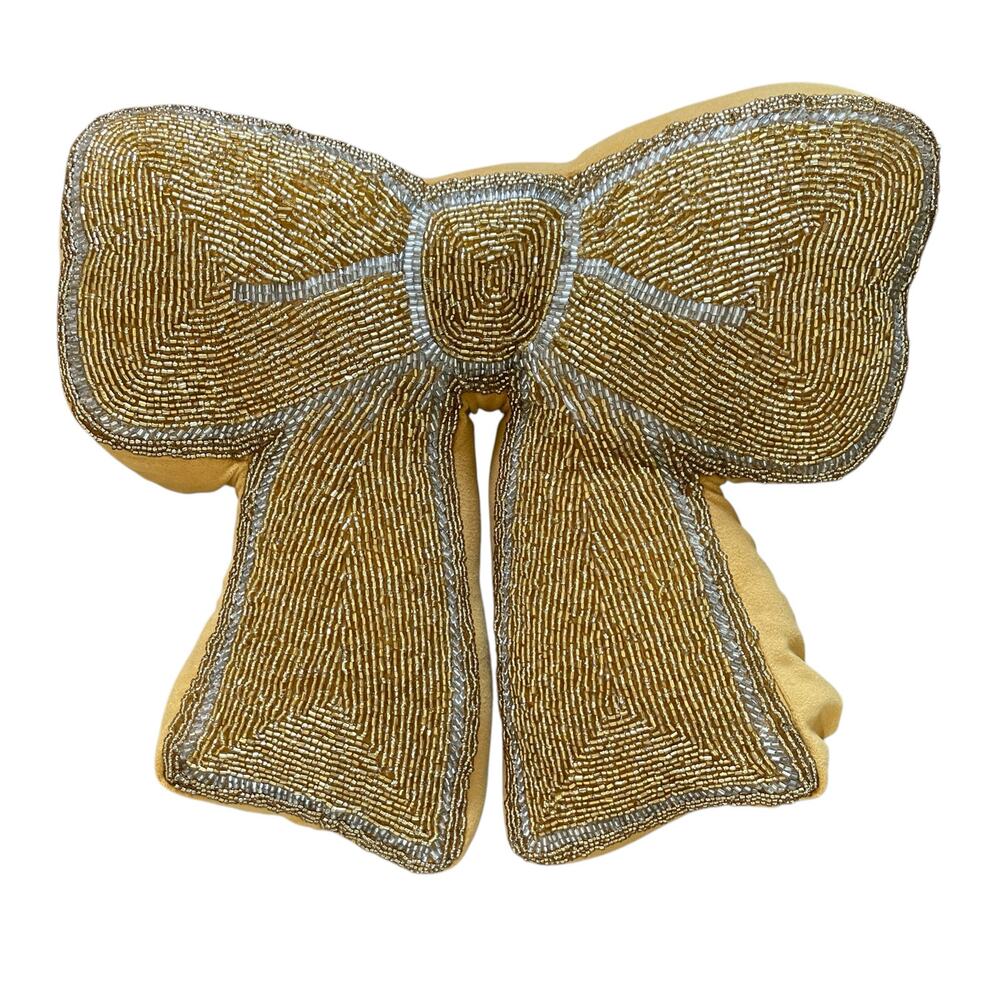 Glitz & Glimmer Beaded Gold Velvet Bow Pillow Holiday Glam Designer Decor New